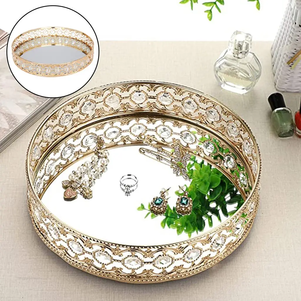 Mirrored Vanity Tray Round Gold for Jewelry Display Perfume Organizer Makeup Storage Decorative Tray for Bathroom Kitchen Coffee