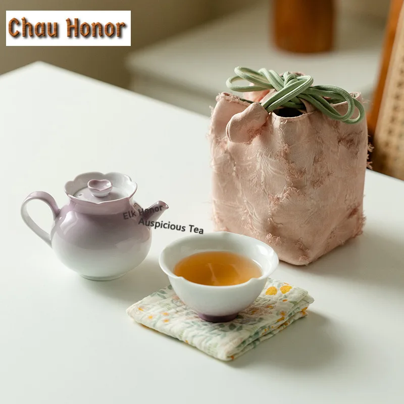 

Градиентный фиолетовый керамический дорожный чайный сервиз в стиле ретро, 1 горшок, 1 чашка, органайзер для чайника, портативная сумка для пикника, чайные принадлежности, подарок