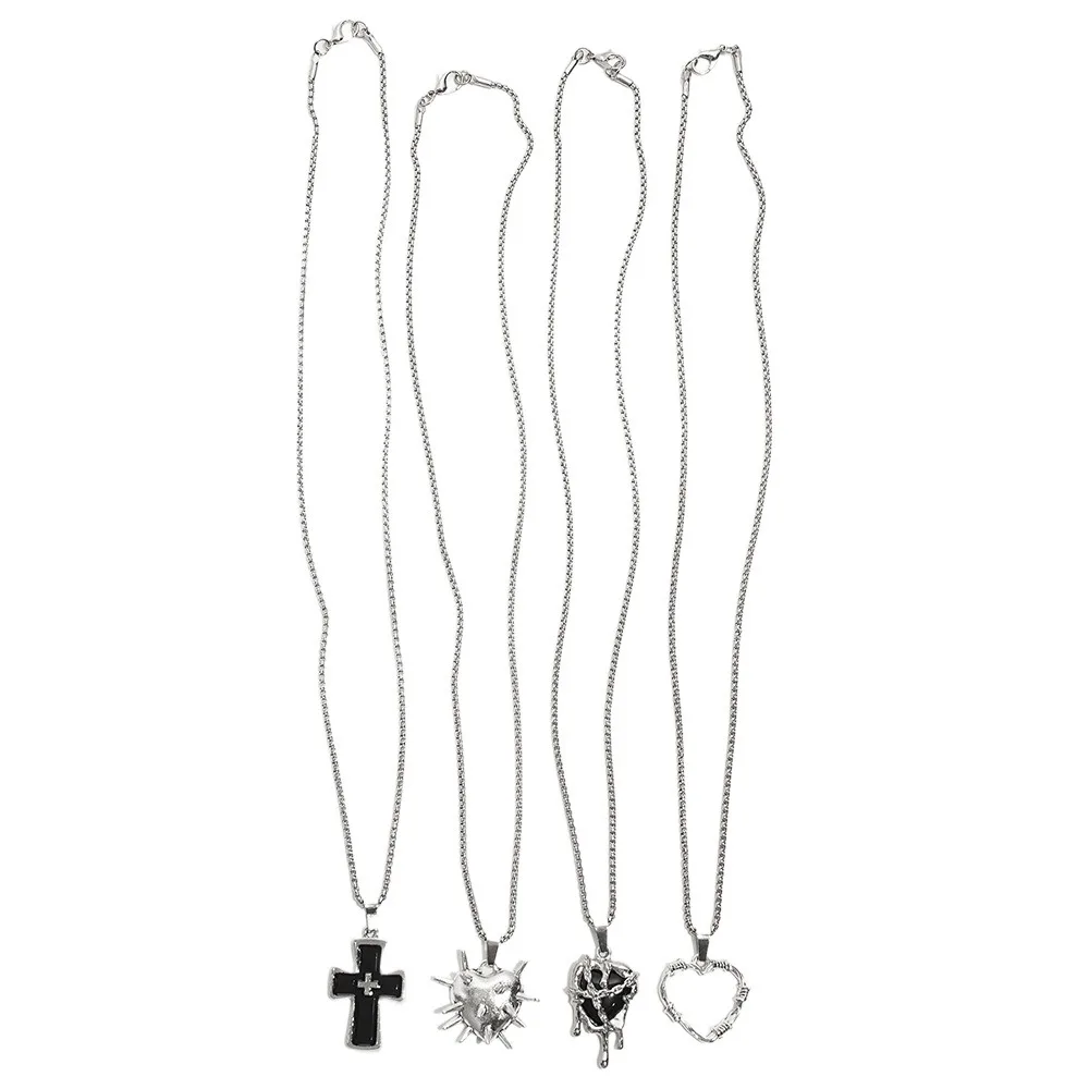 

4PCS Gothic Style Thorn Love Necklace Set Personality Deep Brown Cross Necklace Set Halloween Punk Style Crucifix Pendant Chain