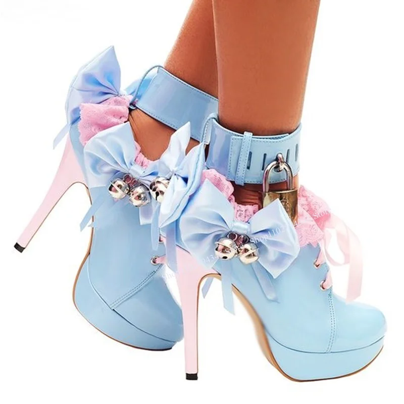 Pink Bow Knot Lock Lace Up Pumps Thin High Heel Shallow Fashion Sexy Cool Novel Western Winter Woman Shoes Zapatillas Mujer