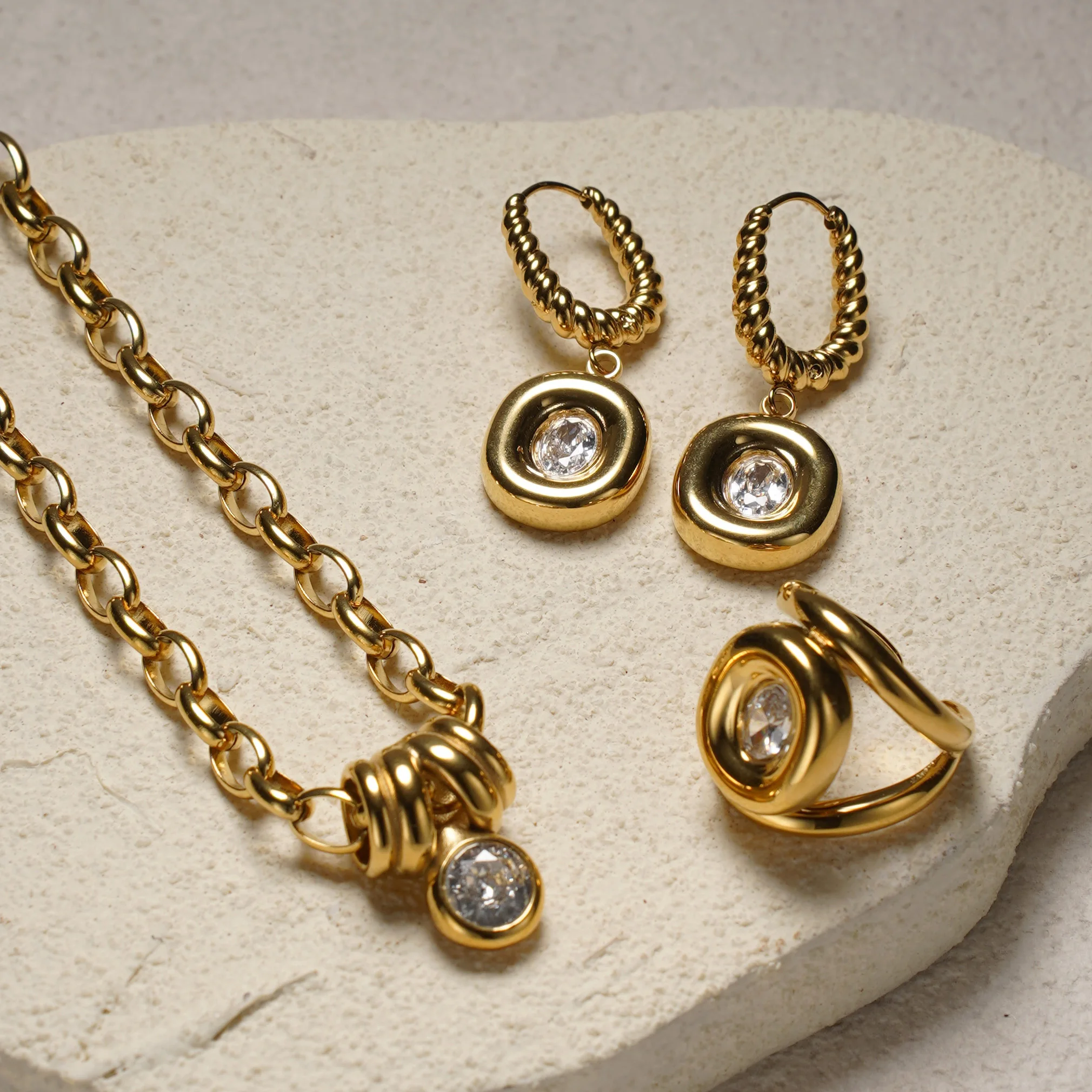 3Pcs 18K Gold Plated Twisted Coil Zircon Jewelry Set, Necklace Earrings Ring, Waterproof Stainless Steel for Women