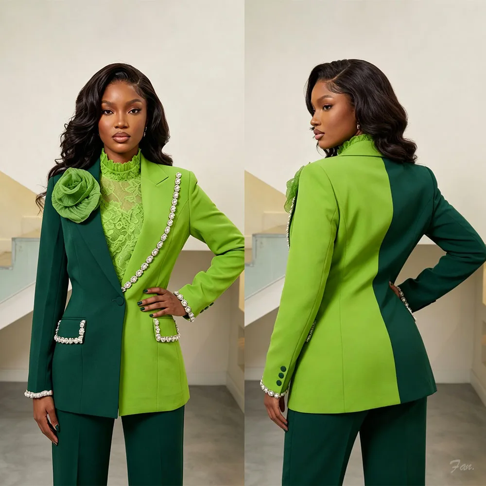 

Women's Dresses Suit Gowns Splicing Flower Beads One Button Jacket Coat And Pants For Female Satin 2 Pieces Suit Customized W719