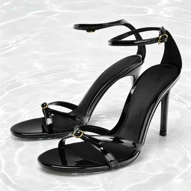 Fashion Black Narrow Band Buckle Design Brand Sandals Women High Quality Patent Leather Heeled Sandals Elegant Party Dress Shoes
