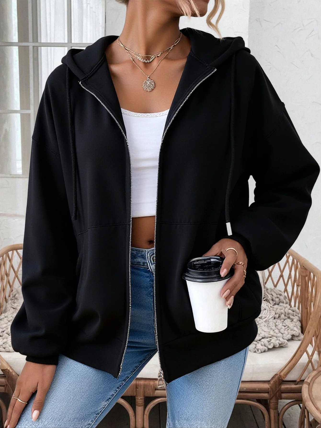 

Autumn Essential Black Oversized Zip Up Hoodie Women Loungewear/Running Loose Sweatshirt Jacket Basic Casual Hooded Coat