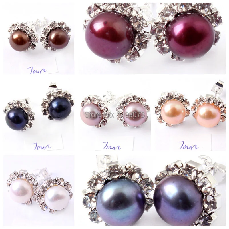 7mm Round Natural Freshwater Pearl Stone Beads Sterling Tibetan Silver Trendy Fashion Studs Earrings Gift 1 Pair Free shipping