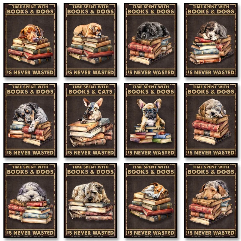 Dog and Books Poster Time Spent with Books & Dogs Is Never Wasted Print Animal Art for Home Decor Dog Lover Gift Canvas Paint