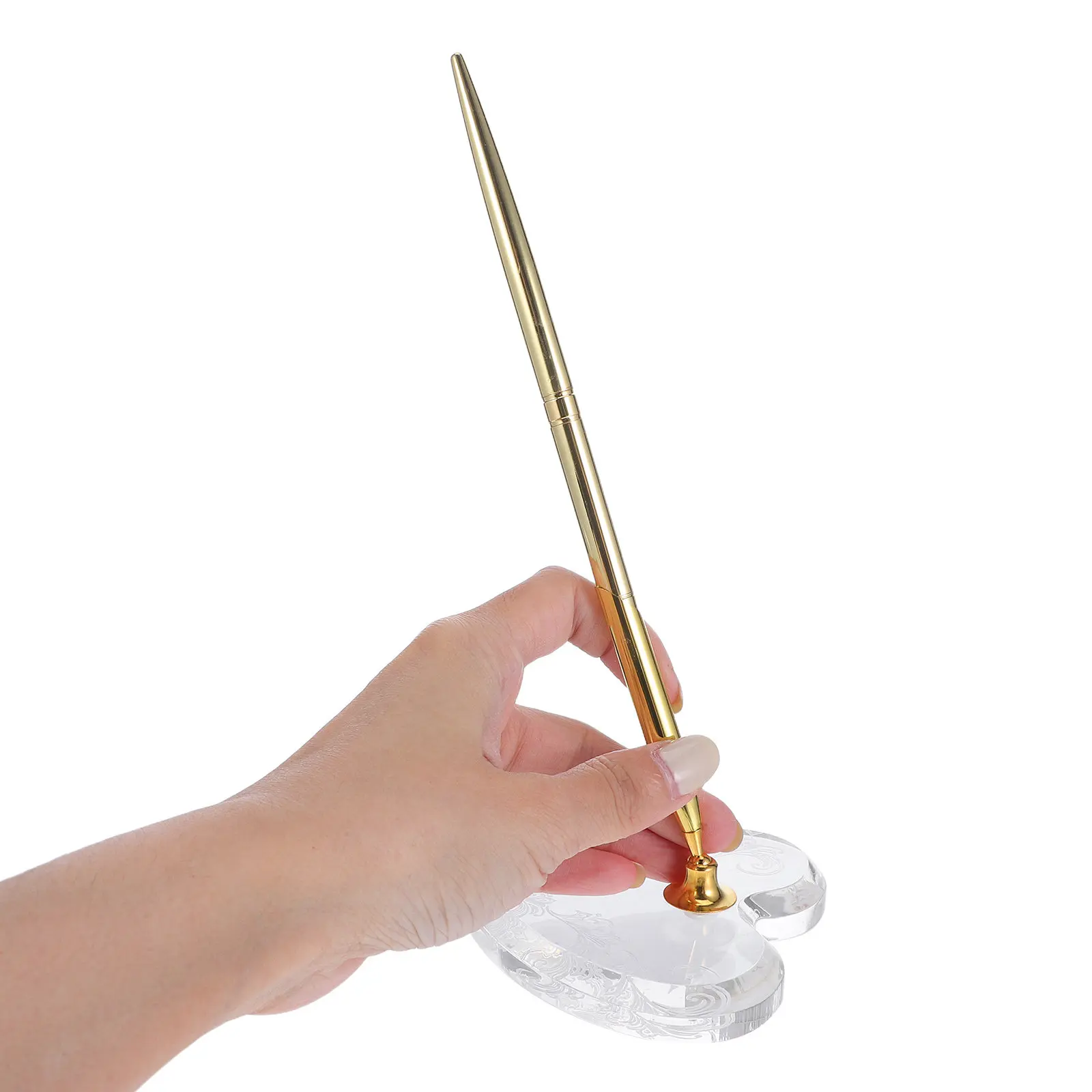 

Elegant Gold Wedding Signing Pen with Sturdy Heart-Shaped Acrylic Base Ideal for Guest Book Ceremony Reception Desk Display and