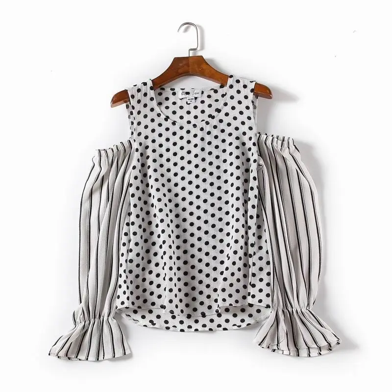 

Весенне-летняя шифоновая рубашка в полоску с открытыми плечами, с рукавами-колокол, приталенная, повседневная, универсальная, в корейском стиле