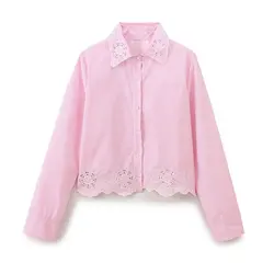 2024 Autumn New Women Clothes European And American Style Hollow Embroidered Striped Shirt Pink Street Style Fashion Top