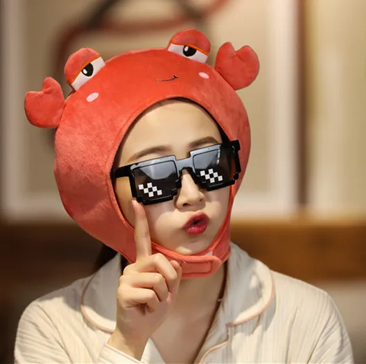 Funny Crab Head Plush Hat Pillow Spot Print Cartoon Animal Stuffed Toy Headgear Cap Cosplay Party Photo Props Cosplay Costume