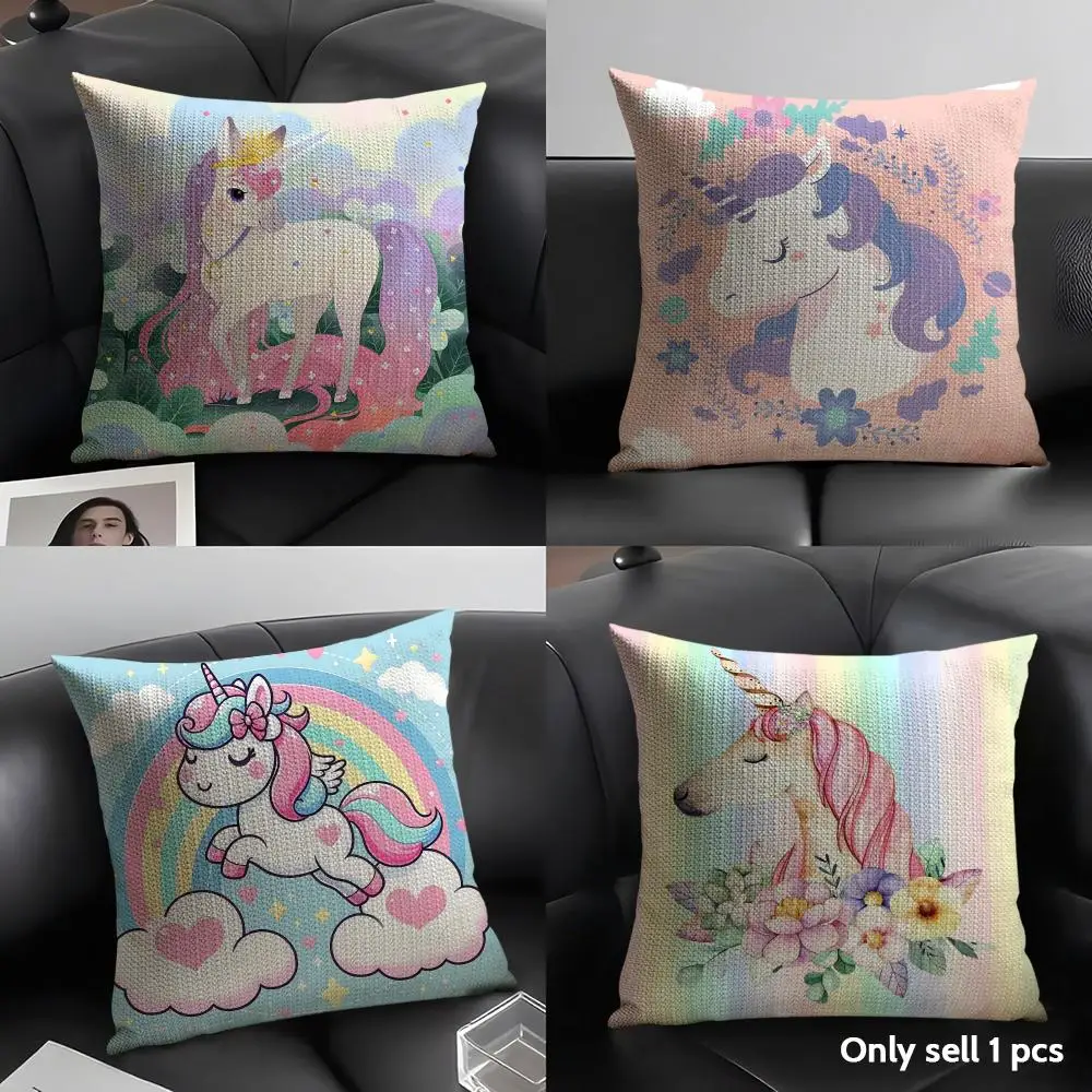 Unicorn Cute Cushion Cover Natural Linen Organic Fabric Double-Sided Printing Sofa Home Decor Gift Pillow Case