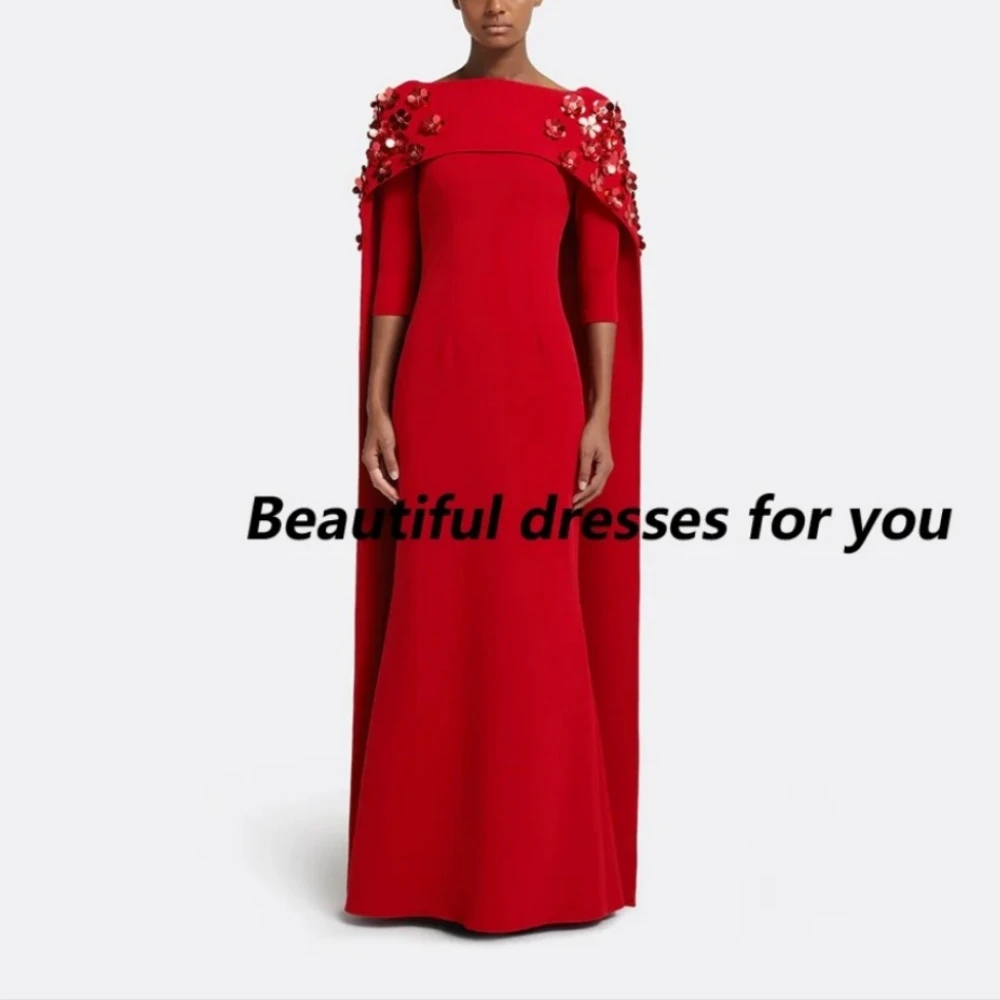 

Red Prom Dresses for Women 2025 Boat Neck Half Sleeves Sequin Flowers Party Gowns Long Shawl Wedding Guest Dresses Customized