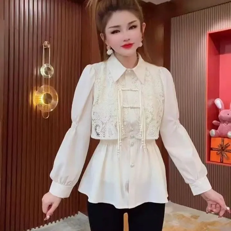 

Chinese Style Women's Lace Knot Button Shirt 2026 Spring Autumn Female Casual Blouses Ladies Tops Office Lady Elegant Clothing