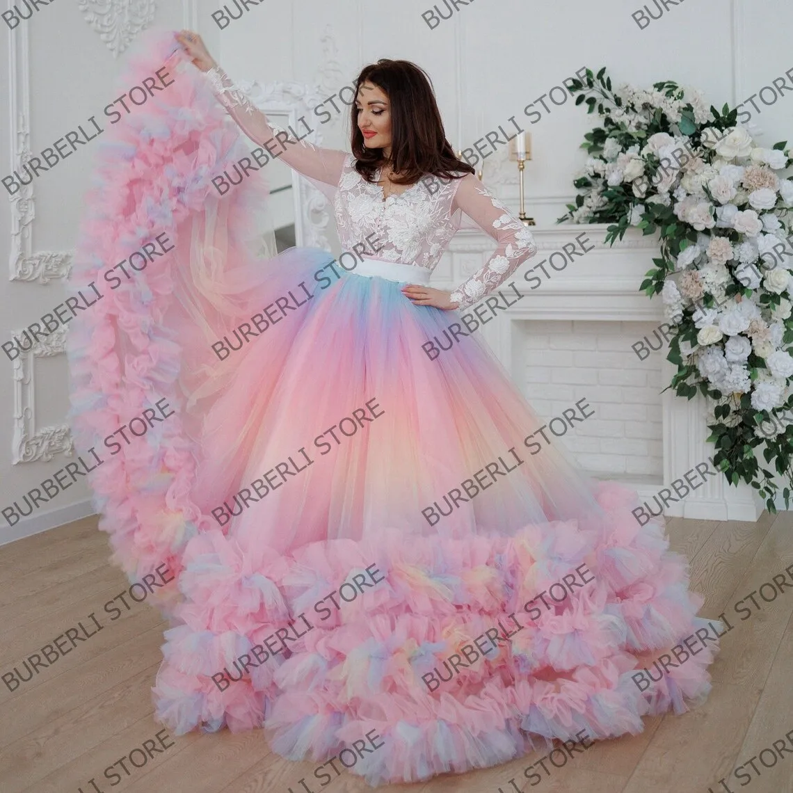 Extra Puffy Mesh Women Party Skirts Lush Ruffles Tiered Tulle Puffy Prom Skirt Luxury Rainbow Tulle Female Celebrity Skirt