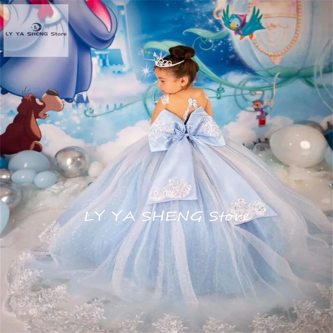 Princess Blue Flower Girl Dresses With Big Bow Sash A Line Crew Neck Sheer Long Sleeves Appliques Sequins Long Toddler Teens Pag