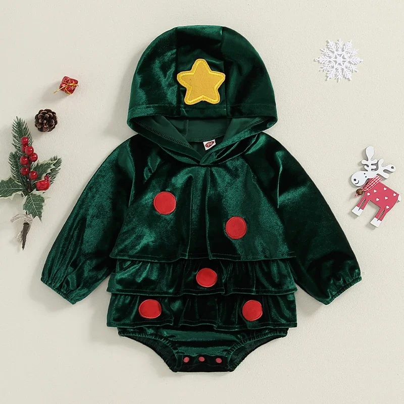 Toddler Baby Girls Bodysuits Christmas Clothes Xmas Tree Shaped Star Dot Patch Hooded Long Sleeve Fall Jumpsuit