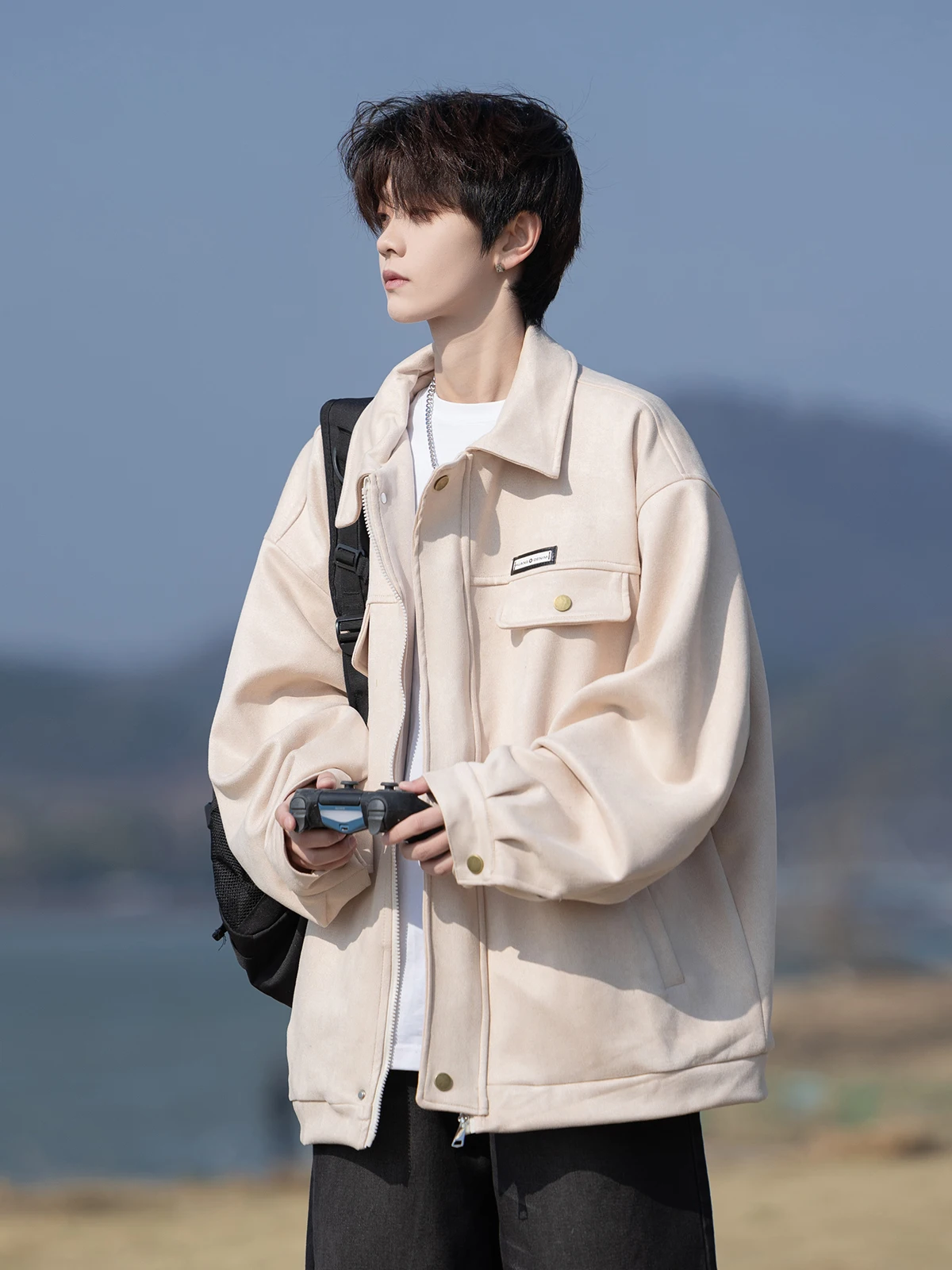 Locker sitzende Wildleder-Arbeitskleidung für Herren, lässige Umlegekragen-Oberbekleidung, Frühling und Herbst, Sli-Polyester/Nylon, Cosite-Faser