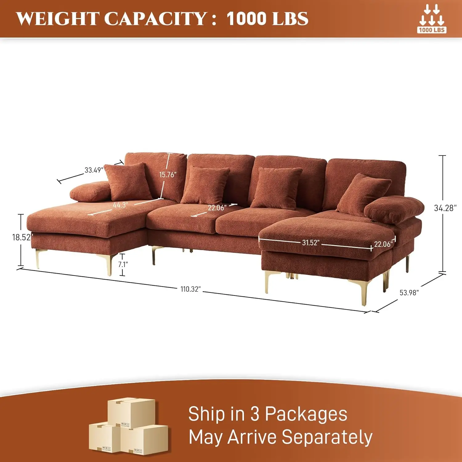 U-Shaped Sectional Sofa Couch, 4 Seater Sofa Set for Living Room, 110" Convertible L-Shaped Chenille Couch Set