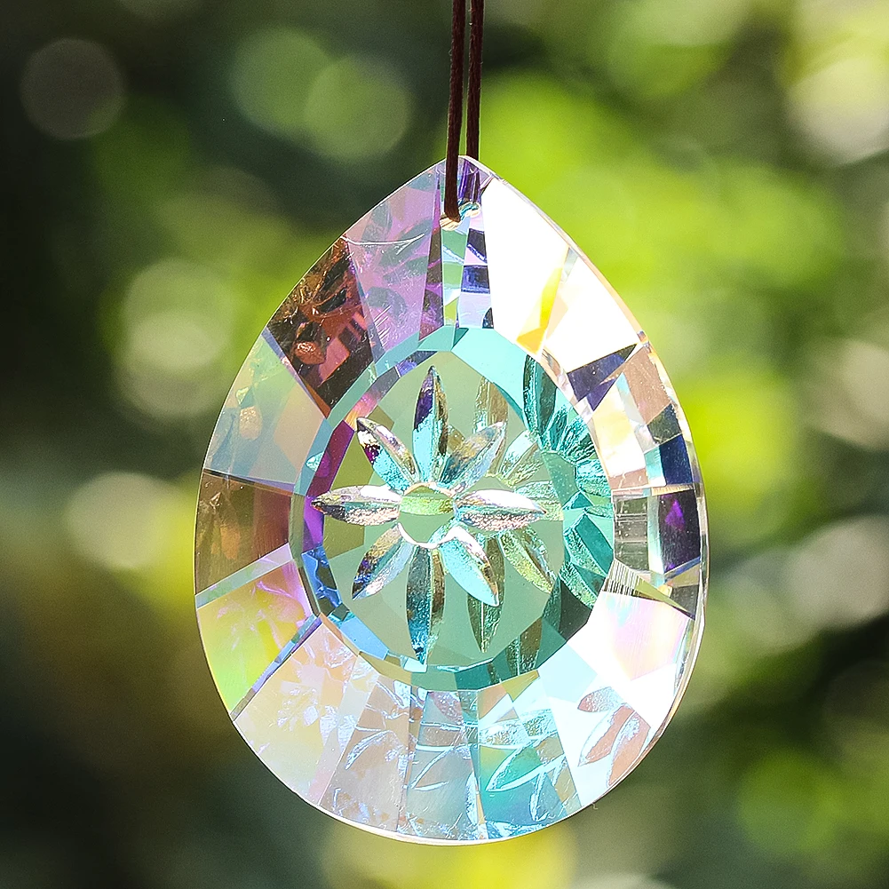 75mm Water Drop Crystal Engraved Snowflake Facete Glass Prism Sun Catcher for Indoor Hang Chandelier Light Gather Rainbow Maker