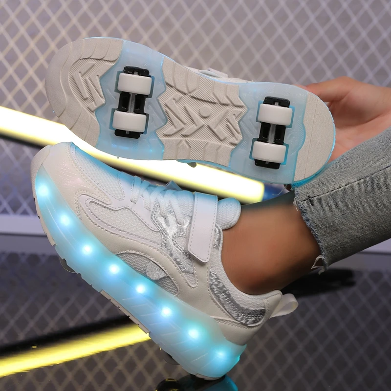أحذية مشي للأطفال قابلة للتنفس بعجلة مزدوجة قابلة للإزالة ومخفية لشحن المراهقين مع أضواء زلاجات دوارة مضيئة ملونة #1