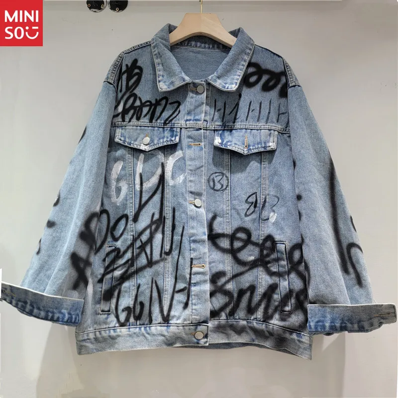 

Miniso Graffiti Splatter Washed Denim Jacket, American Oversized Autumn Coat Women