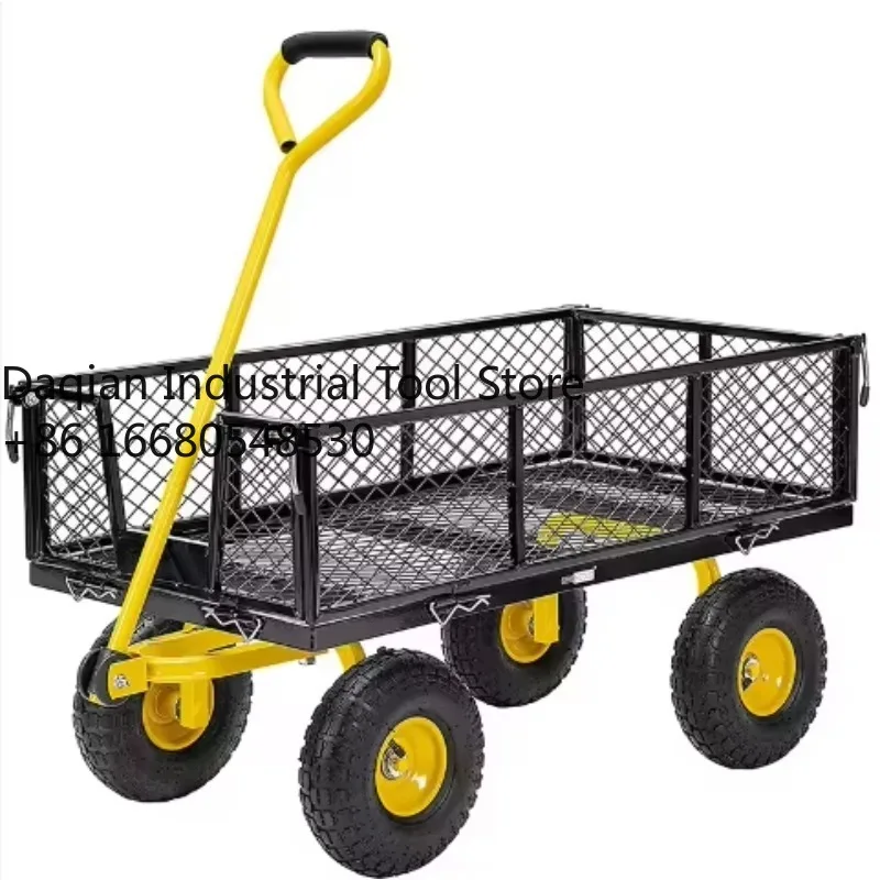 3JIHeavy  Mesh Folding Cart Side 4 Wheel Steel Cart Practical Outdoor Handcart Garden Tool Cart Folding Wagon