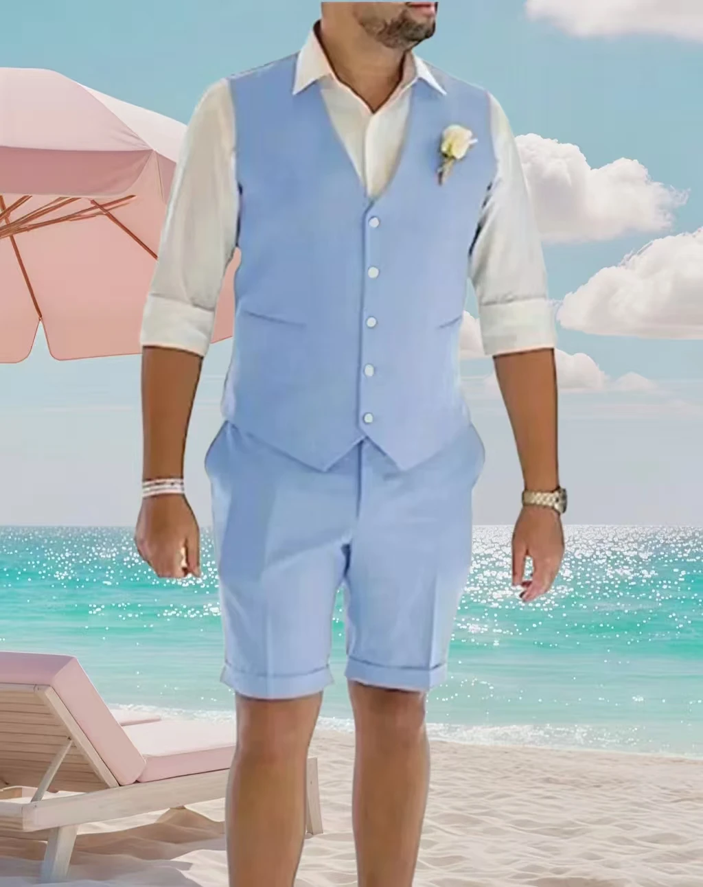 

Linen Suits for Men Summer Wedding Suits for Men Fit Vest Wedding Groom Tuxedo 2 Piece Shorts Vest Suit Set
