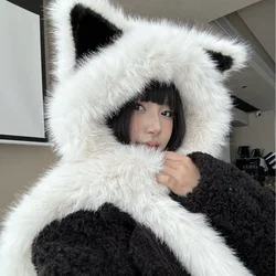 Japanese Winter Cute Fox Hats Imitation Fur Plush Hat Scarf Gloves Girls Soft Warm Thick Versatile Anti Cold Ear Protection Hat