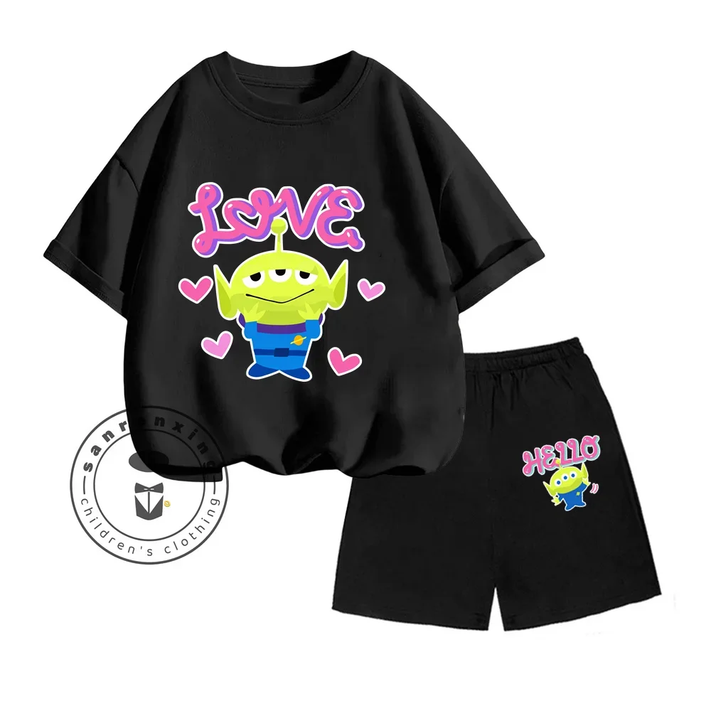 

Chic Alien Cartoon Animated Character Print O-neck Short Sleeve and Comfortable Simple Shorts for Kids Summer Two-piece Set