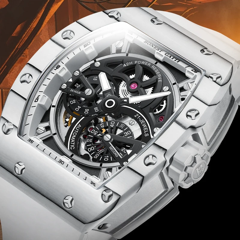 BONEST GATTI Men's Mechanical Watch Tonneau-Shaped Carbon Fiber Case Rubber Strap Small Seconds Dial High-End Skeleton Automatic