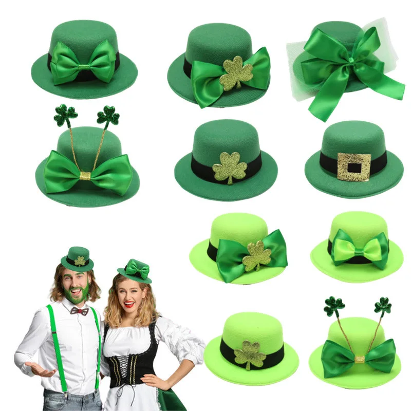 2024 Irish Boxer Hat Shamrock Bow Green Hat St. Patrick's Day Headdress Holiday Decoration Supplies Happy Irish Festival Party