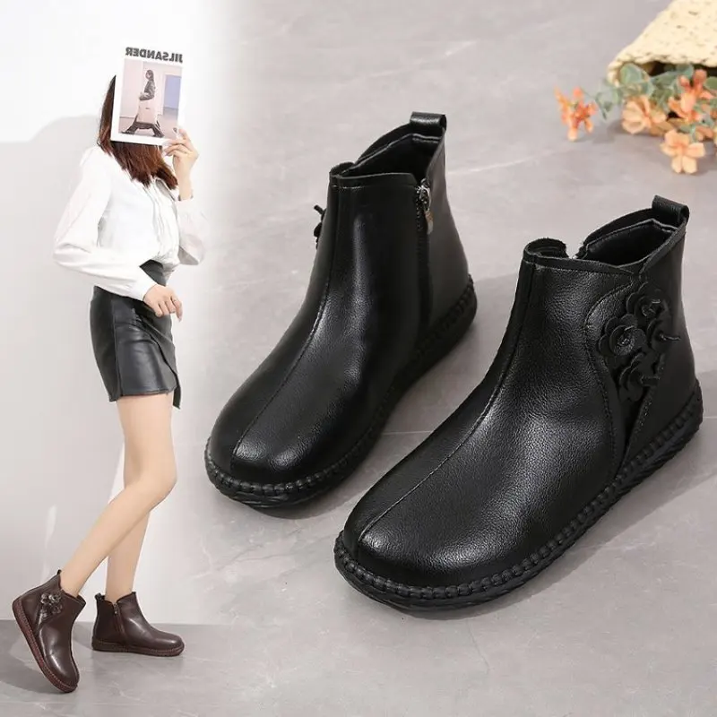 

Женские Водонепроницаемые ботильоны из натуральной кожи, повседневные короткие ботинки на плоской подошве, теплая обувь с плюшевой подкладкой, зимние ботинки для мам