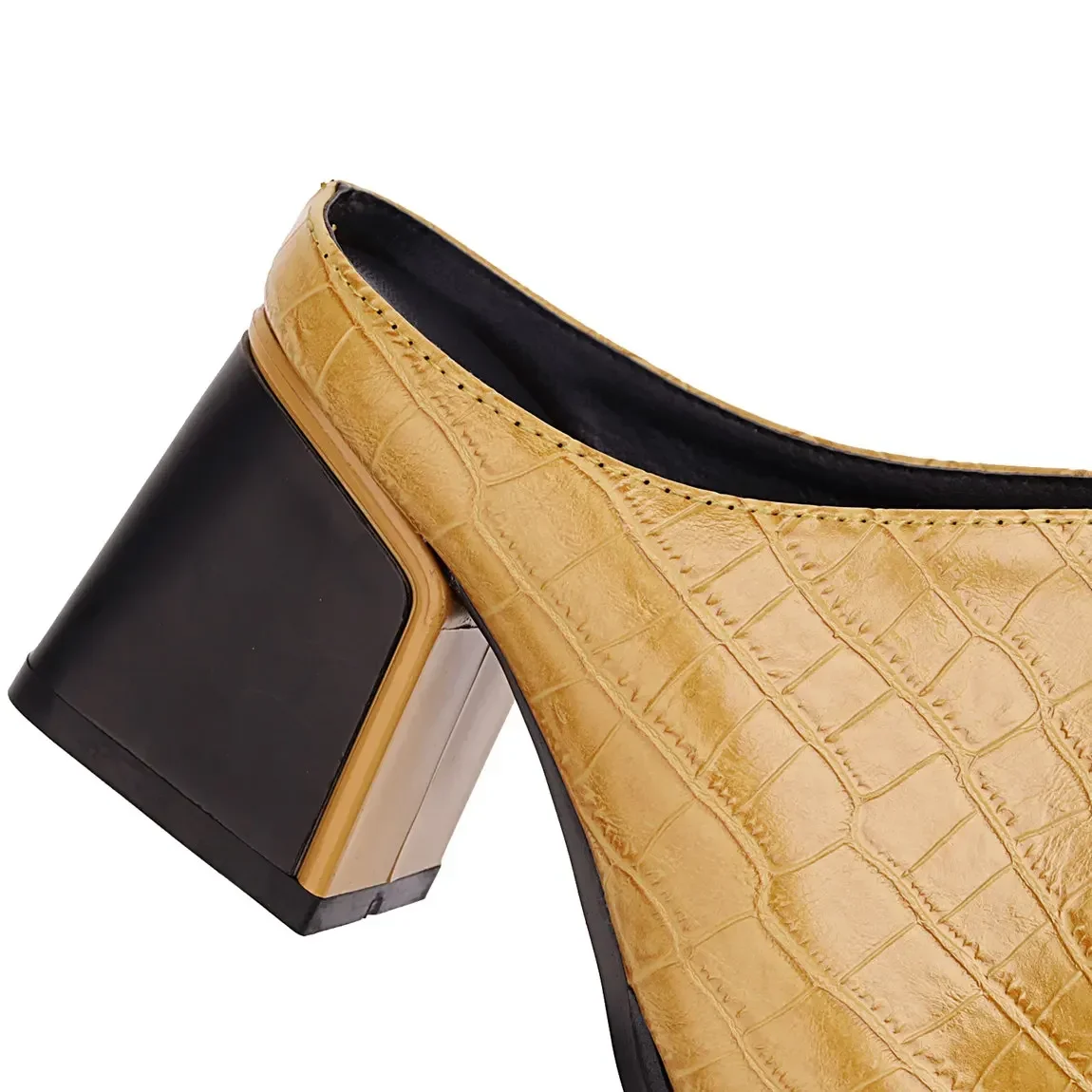 Fashion Women Mules Yellow Faux Crocodile Leather Slides High Block Heel Sandalia Club Pointed Toe  Slip-on Summer Lady Slippers