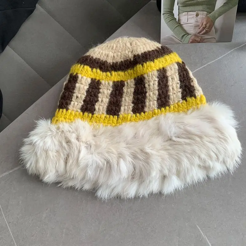 Fisherman Hat Autumn and Winter Rabbit Hair knitted Color Matching knitted Woolen Hat Fashion Show Face Small Warm Hat Woman