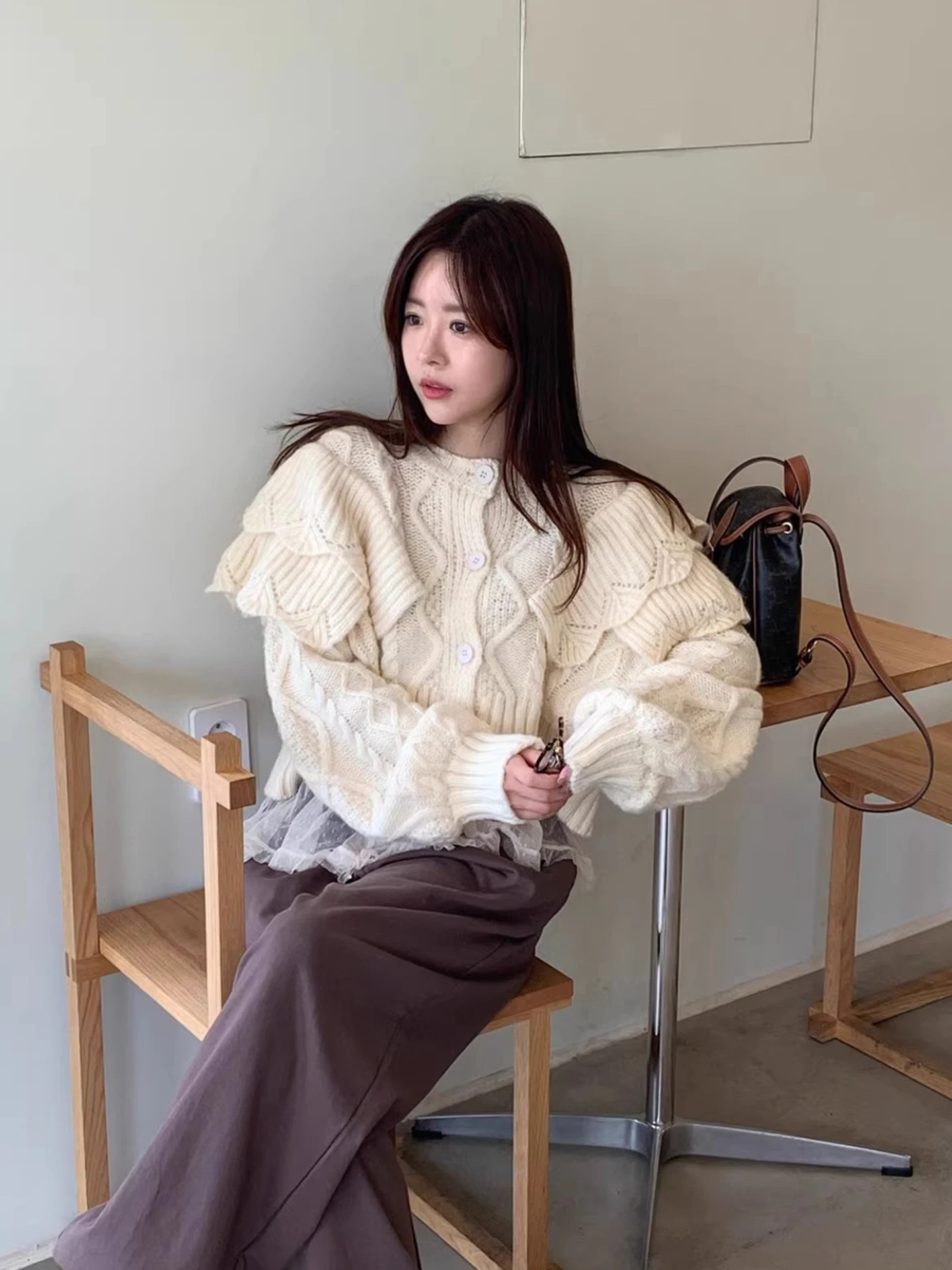 

Clothland женский милый вязаный кардиган с рюшами и длинными рукавами, милый укороченный топ, куртка, осенние женские модные пальто Mujer HA603