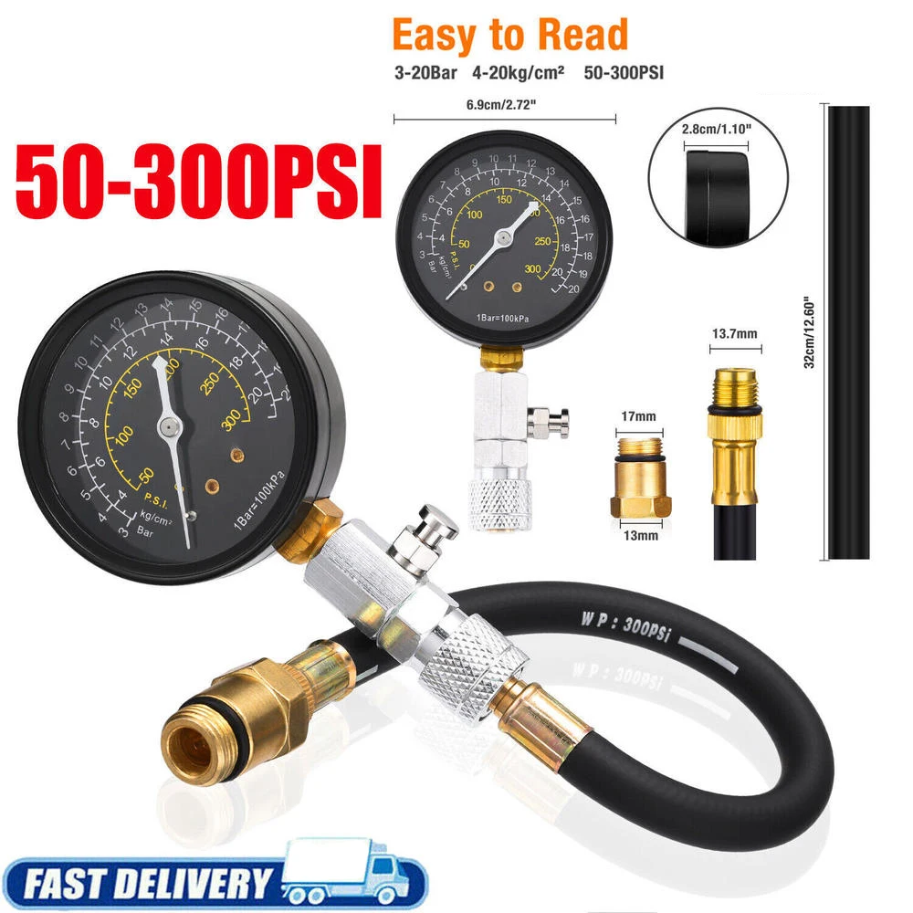 Engine Cylinder Compression Tester Pressure Gauge Gage Check Meter Kit 50-300 PSI (0-21kg/cm2) Fits 14mm/18mm Spark Plug Threads