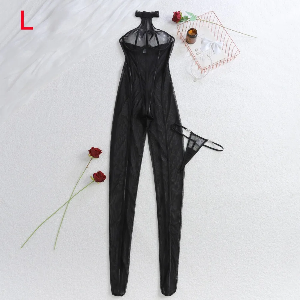 

Модный перспективный комбинезон черного цвета с бретелькой на шее, боди с полым узором в полоску для похудения, сексуальные костюмы, соблазнительное нижнее белье