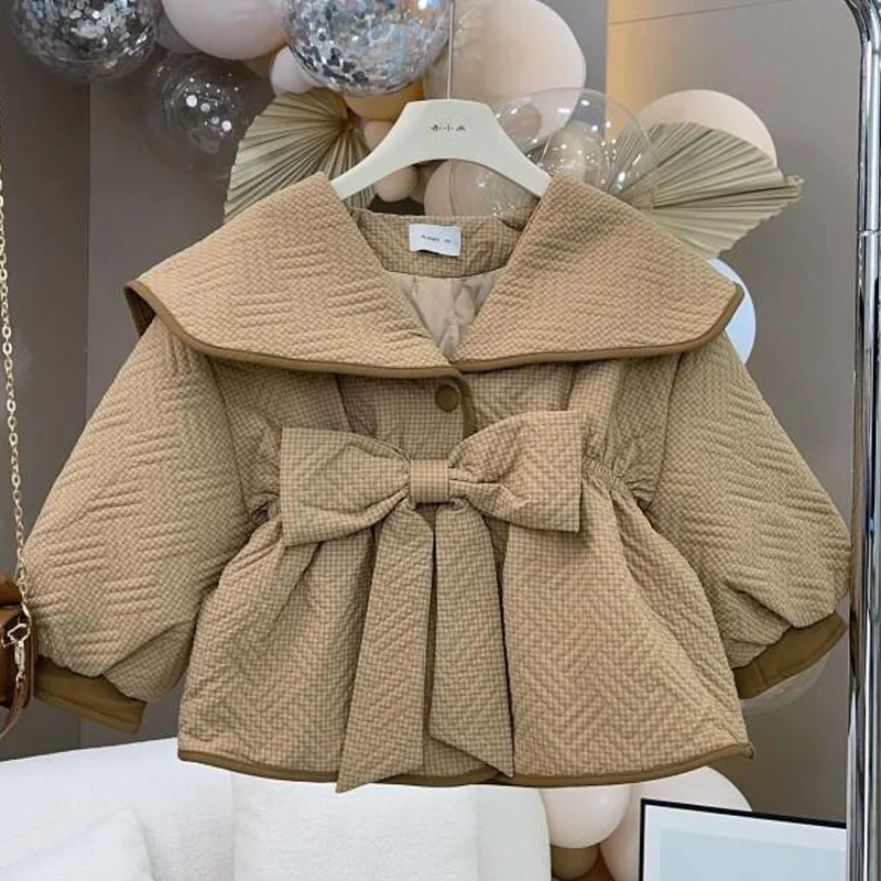 

Осенне-зимнее пальто на хлопковой подкладке с лацканами для девочек, теплая утепленная легкая однотонная стеганая куртка на флисовой подкладке, кавайная детская одежда