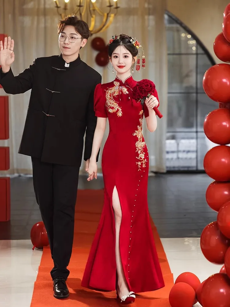 

Новое китайское свадебное платье для женщин 2025 года, улучшенное, красное, с вышивкой в стиле «рыбий хвост», для помолвки, церемонии и возвращения домой