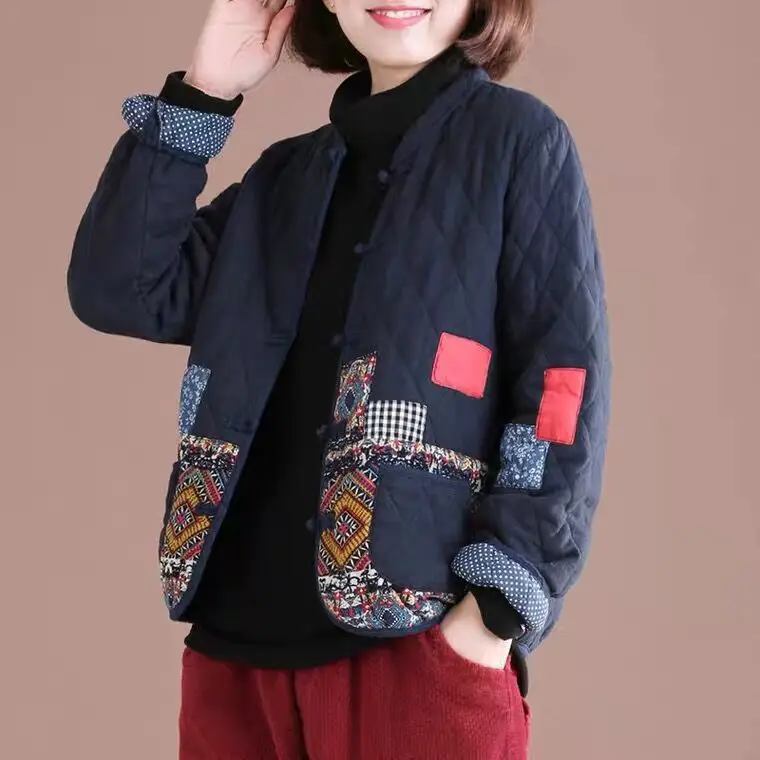 Autumn Winter Short Coat Patchwork Vintage Quilted Jacket Single Breasted Long Sleeve Cotton Jackets Big Size Design Outerwear