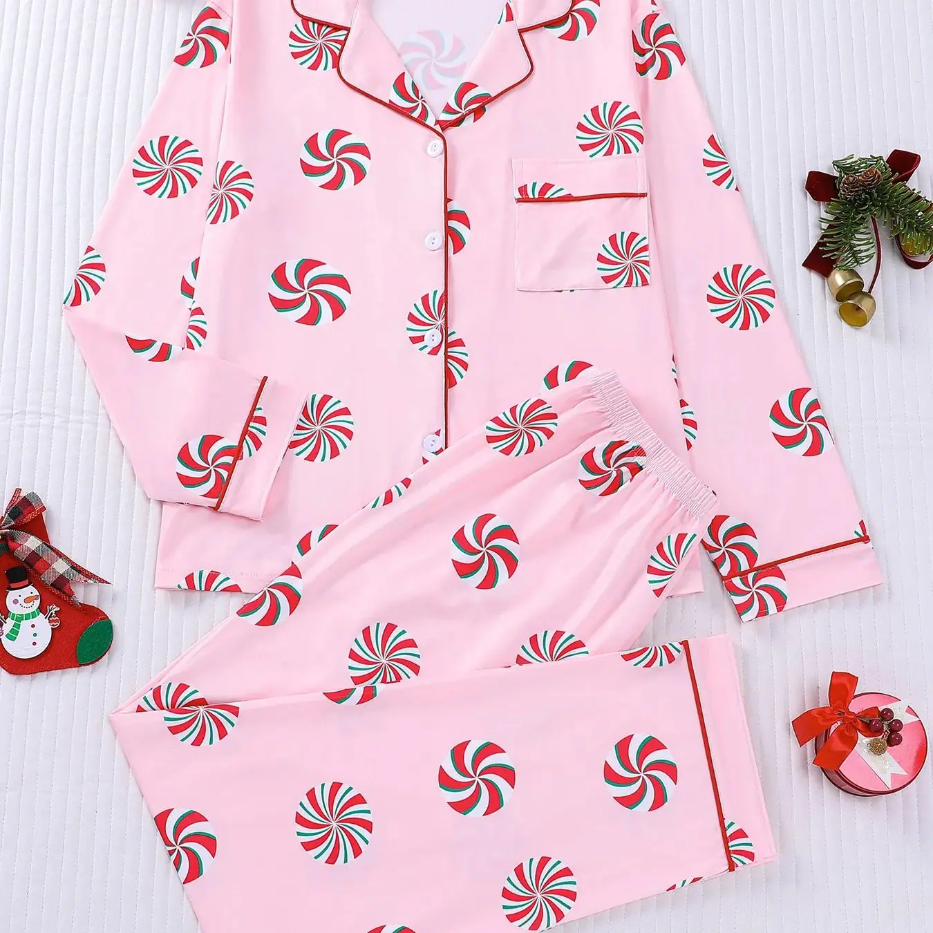 

Sweet Girl Style Christmas Candy Printed Pajamas Women's Flip Collar Cardigan Elastic Waist Pants Home Two Piece Set