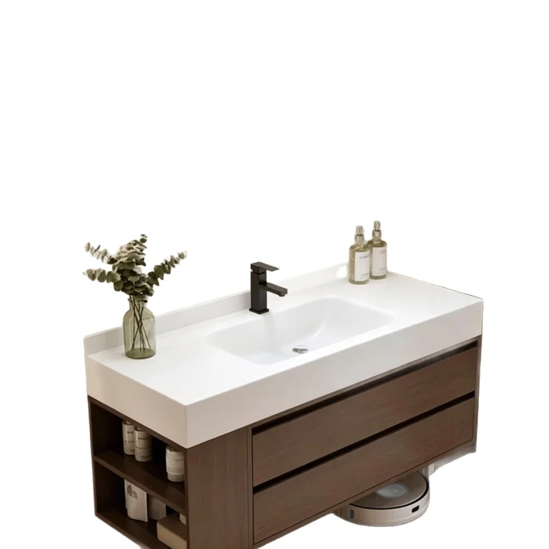 `Walnut Sintered Stone Vanity Hot Bending One-Piece Basin Bathroom Cabinet Hand Wash Face Sink Lavatory Counter Furniture