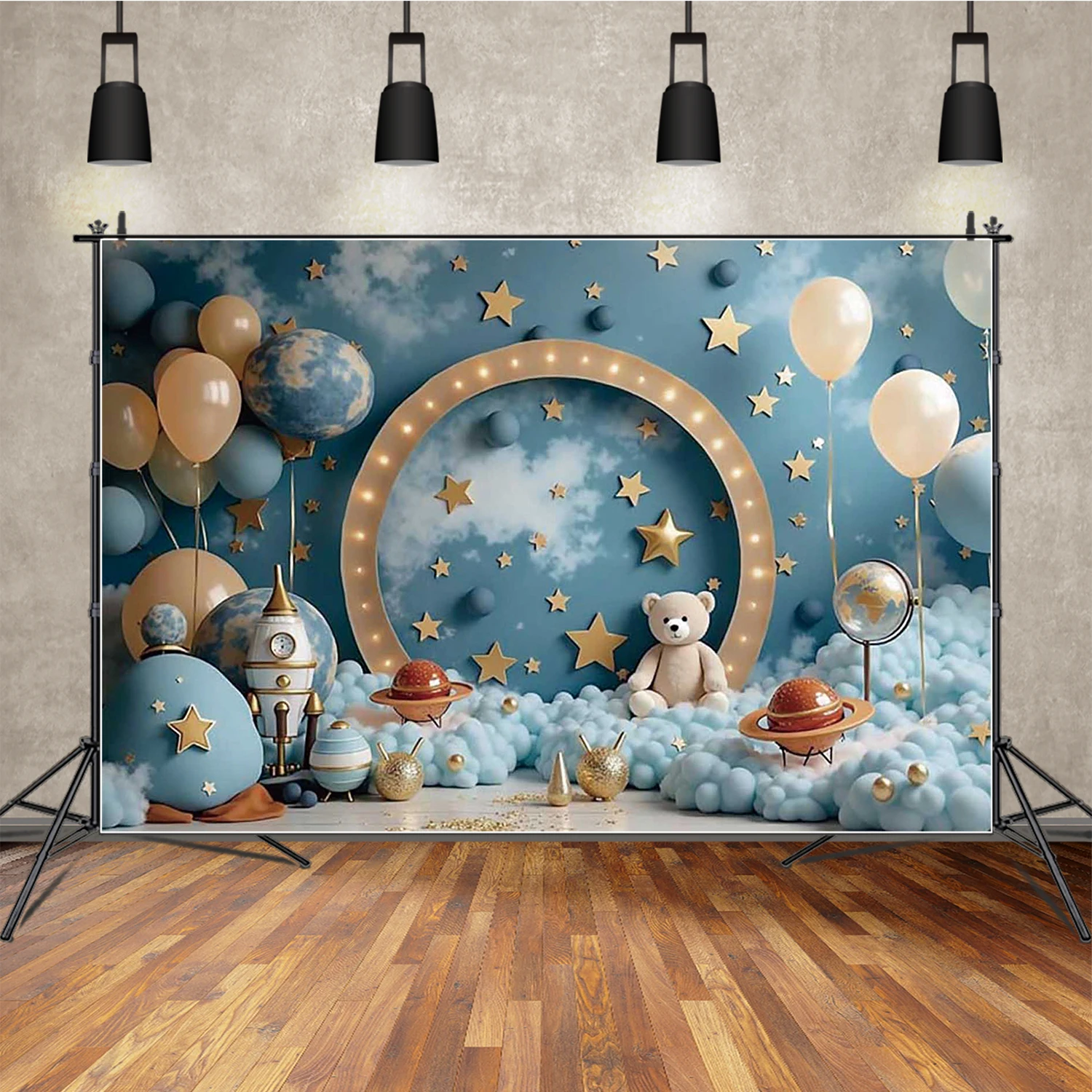 

MOON.QG Newborn Baby Birthday Photography Background Teddy Bear Balloon Rocket Photocall Backdrop Baby Studio Photobooth Props