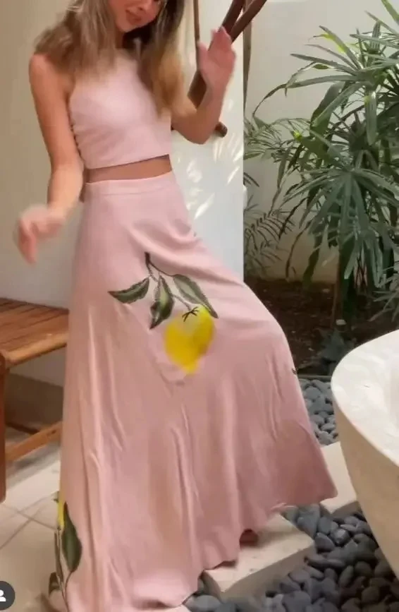 

Fresh Embroidery Skirt Two Piece Set Women Sleeveless Backless Leace-up Cropped Top High Waist A-line Skirts 2 Piece Sets Female