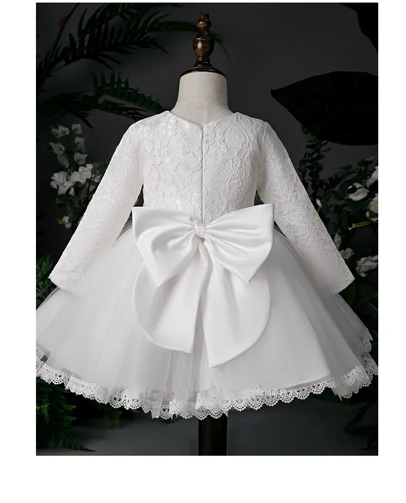 Cute Baby Girl Party Dress For 1 Year Birthday Frock White Tulle Long Sleeve Toddler Girl Wedding Christening Gown for Baptism