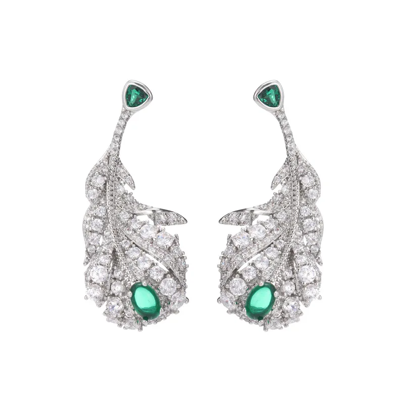 Luxurious Elegant Zircon Leaf Earrings with Feather, High-End Fashionable and Graceful Temperament, Suitable for Banquet Dre