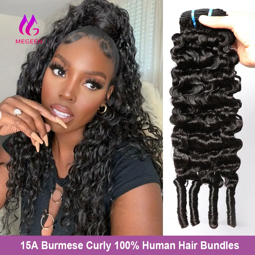 Megeen 1/3/4Pcs Deep Wave 15A Unprocessed Virgin Hair Human Hair Burmese Curly Bundles with Spriral Ends Weave Hair Extensions
