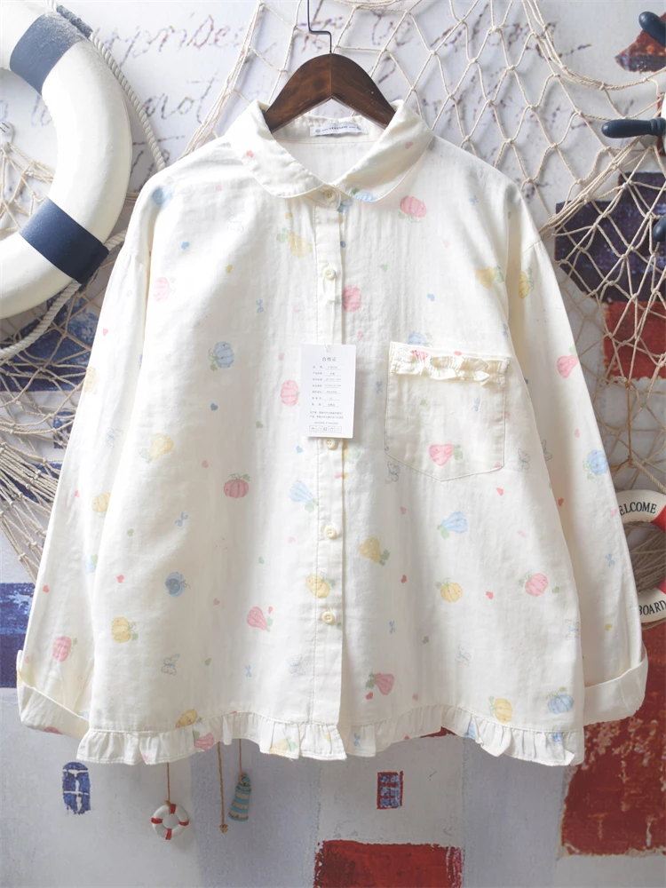 

Japanese Kawaii Shirts Long Sleeve Ruffles Patchwork Cartoon Print Pockets Blouses 2025 New Tops Preppy Style Women's Clothing