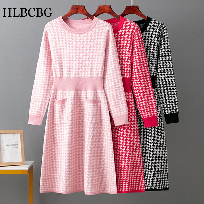 

HLBCBG Elegantly Jacquard Women Long Knit Sweater Dress CHIC Autumn Winter A Line Dresses Belt Pleated Maxi Midi Party Dress