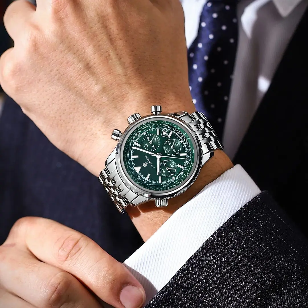 POEDAGAR Luxury Business Men's Watch Stainless Steel Chronograph Date Sport Quartz Man Clock Waterproof Luminous Military Watches For Men